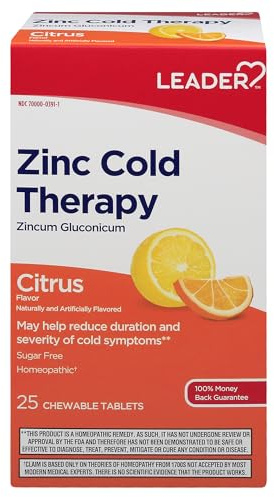 Leader Zinc Cold Therapy Chewable Tablets, Non-Drowsy Homeopathic Zinc Supplement, Reduces Duration and Severity of Cold Symptoms, Fast Acting Cold Remedy, Citrus Flavor, Sugar Free, 25 Count