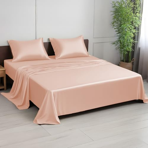 LINENWALAS Juego de sábanas para cama doble, sábanas de seda de bambú 100%, ropa de cama premium suave, fresca y transpirable, 1 sábana bajera, 1 sábana encimera, 2 fundas de almohada (Doble, Peach