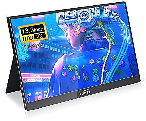 Lipa Monitor portátil HDR-50 2K 13.3/Pantalla portátil/HDMI/2x USB C/con Funda y muleta/también para Nintendo Switch, Xbox y Playstation/Fácil de transportar/2560 x 1600 píxeles/Dos Altavoces