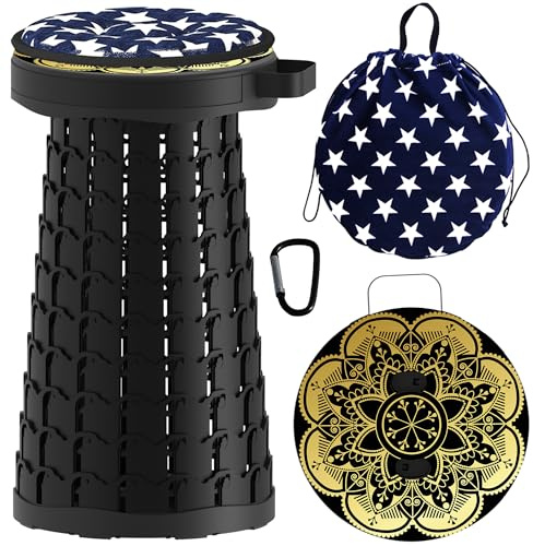 ALEVMOOM Taburete telescópico con cojín, taburete plegable portátil más resistente, capacidad de 440 libras, taburete retráctil plegable para camping, jardín, barbacoa con bolsa