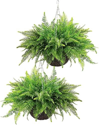 QIANYUN Outdoor Fake Hanging Fern – Artificial Hanging Ferns 2 Pack, Large Faux Boston Fern Bushes, UV Resistant Outdoor Hanging Plants for Front Porch, Patio & Indoor Decor
