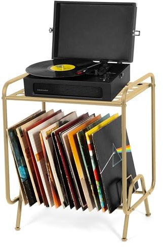 Ilyapa 2-nivås metallskiva spelarstativ med 16 spår vinylskivhållare – vaxkakedesign skivhylla med skivhylla, vinylskivspelare stativ