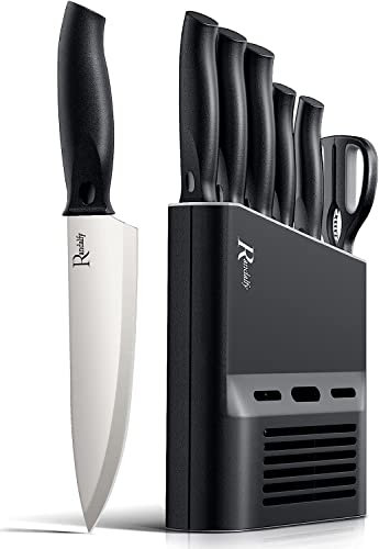 Manelord Kitchen Knife Set with Knife Block Set - 7 Pieces Professional Chef Knife Set Contain Knives, Scissor and Knife Block for Meat/Vegetables/Fruits's Chopping, Slicing, Dicing & Cutting, Silver