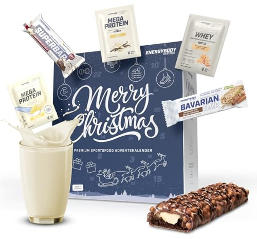 Energybody Fitness Adventskalender 2025 / Weihnachtskalender mit 26 leckeren Protein Pulver Probierpaketen, Fitnessriegeln und Proteinriegeln/Gym Adventskalender als Geschenkidee für Sportler