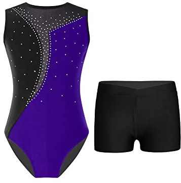 iEFiEL Glitter gymnastikdräkt för flickor, ärmlösa leotard, rygglös balettdräkt med strass, balettkläder, gymnastik, danskostym, Vc lila svart, 134-140
