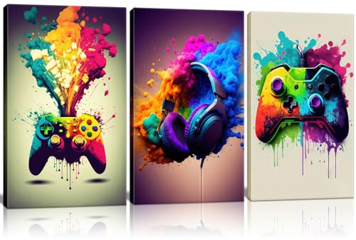 Framed 3 Piece Game Room Decorative Wall Art Color Video Game Handle Earphone Graffiti Theme Poster Neon Light Poster Print Picture Children Youth Art Game Machine Boys Bedroom Home 12 x16 inch Ready
