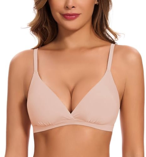 WOWENY Padded Bras for Women Non Wired Bralette Deep-V Plunge Triangle Seamless Ladies Sleep Bra Comfort Soft Beige L