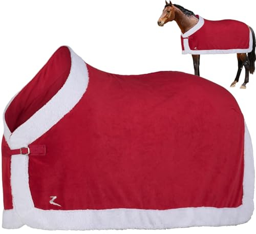 Hperu Costumi Natalizi, Coperta per Cavalli Natalizi di Cavalli Rossi Coperte in Pile morbide Coperte di Cavalli Invernali Caldi con Bordo di Pellicce da fauci Bianche per Cavallo di Natale