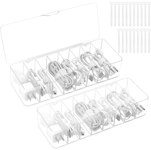 WPPQWP Kabelförvaringslåda, 2 stycken, transparent kabel, organiseringslåda med 8 fack, 20 buntband, laddkabel, förvaring för kontor, hem, skrivbordsförvaring