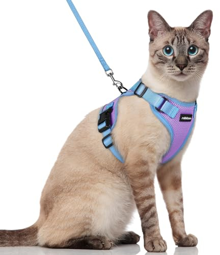rabbitgoo Cat Harness and Leash Set, Escape Proof Soft Adjustable Vest Harnesses for Outdoor Walking, Easy Control Breathable Kitten Jacket with Reflective Strips, Purple & Blue, S