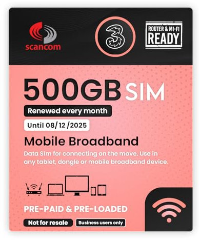 Three 500GB Data SIM - Uncapped 5G - Preloaded MONTHLY Until December 2025 - Plug & Play for Routers & Phones - Access to Three & Vodafone - Connects to the Strongest Signal available