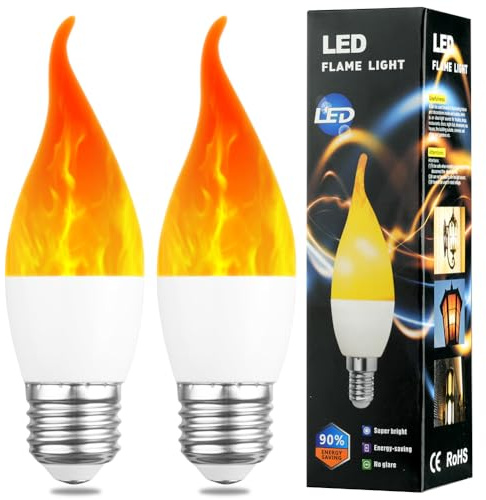 AUAUY LED flamlampa, 2 W E27 lampa med flameffekt, flimrande glödlampa, 3 belysningslägen, inomhus/utomhus dekorativa atmosfär-LED-lampor för hem, trädgård, bar, halloween, jul (2 st)