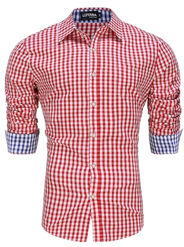 LUYANA Men Traditional Plaid Shirts German Bavarian Oktoberfest Button Down Dress Shirts Red 2XL