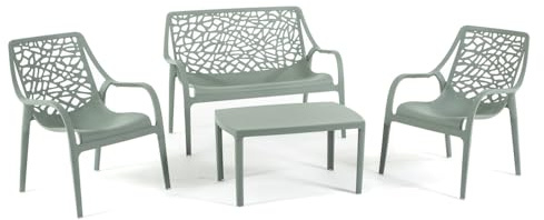 Conjunto de muebles de jardín y exterior de polipropileno con fibra de vidrio de 4 plazas, sofá de dos plazas, 2 sillones y mesa de centro, apilable, impermeable, diseño moderno – Set Maratea (verde