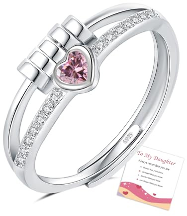 Pink Anxiety Ring for Daughter, Heart Adjustable Rings for Girls with Cubic Zirconia, Silver Fidget Ring Sterling Silver Fidget Rings for Women, Jewellery Daughter Birthday Gifts Christmas Gifts