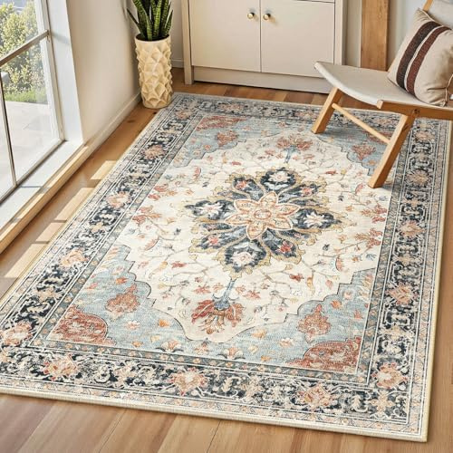 INOVADAY Machine Washable Rugs 90x150 cm Vintage Area Rug Low Pile Anti-Slip Carpet with Print Pattern for Living Room Bedroom Home Office Indoor Beige/Blue/Orange