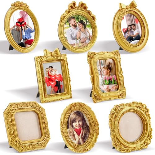 Qunclay 8 Pcs Vintage Picture Frames Set Gold Tiny Picture Frames Wallet Size Baroque Antique Resin Photo Decor for Valentines Day Wedding Party Tabletop Home Decor(Mixed Style 1)