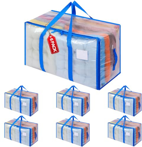 Dntorx 6 Pack 105L Moving Bags Clothes Storage Bags Drom Packing Box, Blue | PP Woven Material, Clear Design, Strong Handles, 150lb Load, Label Window, For Clothes, Bedding, Toys, Moving and Storage