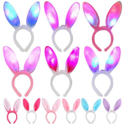 LOMIMOS Lot de 6 bandeaux lumineux avec oreilles de lapin pour Pâques, accessoires de costume