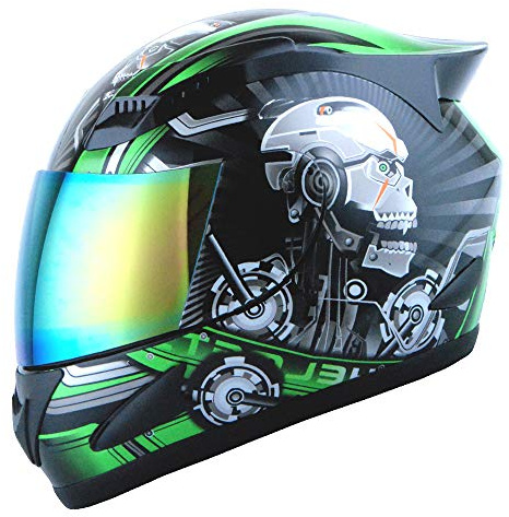 1Storm Motorcycle Bike Full FACE Helmet Mechanic Skull - Tinted Visor Green Size XL (59-60 CM 23.2/23.4 Inch)