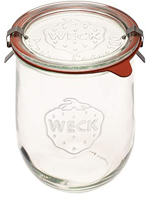 Weck Tulip Jar Rubber Sole & Two Metal Clamps Food Storage Jar Round Preserve Container Clear Preserving Seal Wire Clip Fastening Kitchen Canning Cereal Sugar Beans Spice - 33.8 fl. oz Single 1 liter