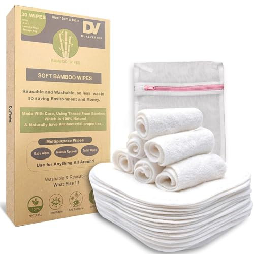 DualVertex 30 Bamboo Reusable Baby Wipes - Face Cloth - Makeup Remover Cloth from Natural Thread for Face & Hand with 2in1 Laundry Bag/Carrying Bag
