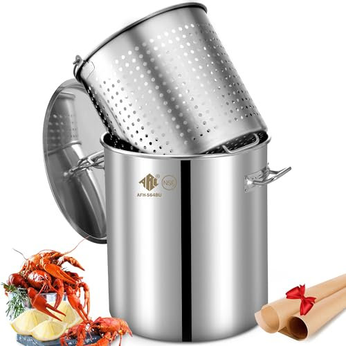 ARC, S64B, 64QT-16 galones, Olla de acero inoxidable con cesta para cocinar mariscos, Olla de cangrejo con cesta de ebullición, Olla de cangrejo, Freidora, Olla de langosta