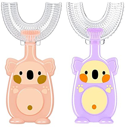 Spazzolino da Denti a Forma di U, Spazzolino da Denti a Forma di U per Bambini, spazzolino manuale per pulizia a 360° (rosa + viola)