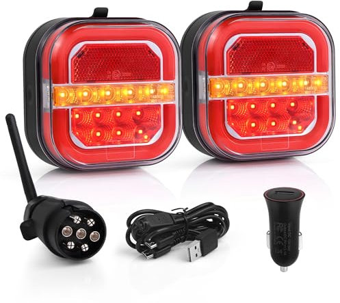 MICTUNING Luces de Remolque Inalámbricas Magnéticas 2 PCS Luces Traseras de Remolque LED, Pilotos Led Remolque, Transmisor Inalámbrico USB Recargable para Camión Tractor Utilitario RV