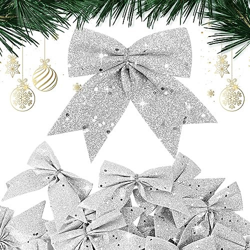 24Pz Fiocchi Natalizi Glitterati Fiocchi Decorativi Nastro Fiocchetti Paillettes Decorazioni Natalizie Albero di Natale Ghirlanda Scatole Regalo Bomboniere Matrimonio Capodanno Fai da Te (Argento)