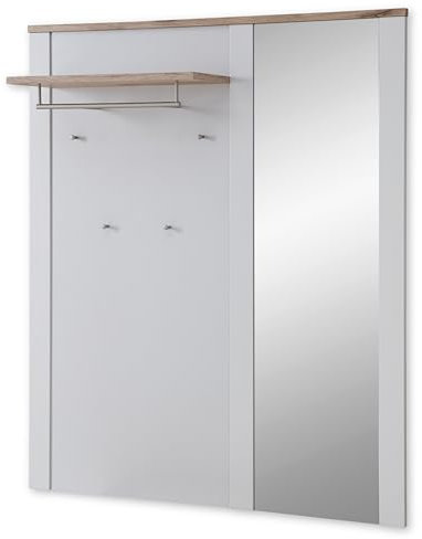 DIJON Garderobenpaneel mit Spiegel in Ashgrey, Viking Oak Optik - Moderne Hutablage mit zuverlässigen Wandhaken für Jacken & Taschen - 130 x 154 x 30 cm (B/H/T)