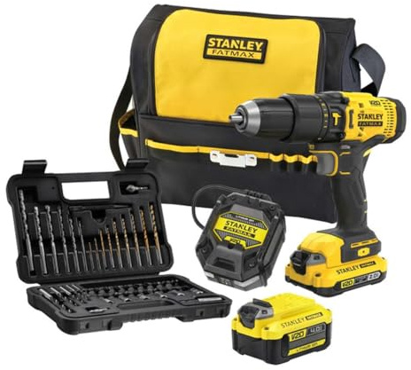 Stanley - FatMax V20 Akku-Schlagbohrschrauber (18V, max. Drehmoment 50 Nm, 2-Gang Planetengetriebe, LED-Licht, inkl. 50-tlg. Zubehörset, 2x Akku & Werkzeugtasche)