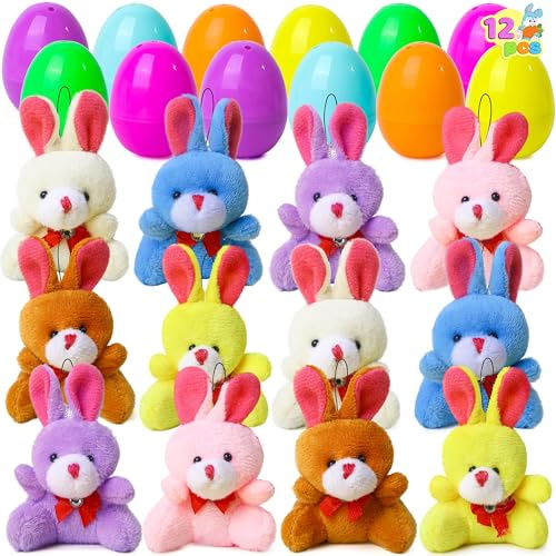 JOYIN 12 Pcs Prefilled Easter Eggs of Mini Stuffed Animal Plush Toys Easter Basket Stuffer for Kids Easter Egg Hunt Filler Stuffer