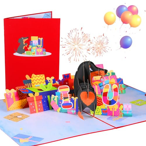 EUIOOVM Dackel Geburtstagskarte, Pop Up Hunde Karte, 3D Lustige Dackel Karte Für Hundeliebhaber, Witziges Karte Geschenk Mit Umschlag und Notizkarte für Frauen Mum Ehemann Frau Bester Freund