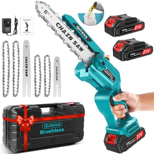 Brushless Mini Chainsaw 6 Inch and 8 Inch, Battery Powered, Small Size with 2x2000mAh Batteries and 21v Charger for Branches Pruning