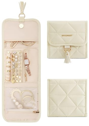 BAGSMART Travel Jewelry Case Organizer, Roll Foldable Jewelry Case for Journey-Rings, Necklaces, Earrings, Bracelets, Brooches, Min, Beige