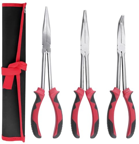 LEONTOOL Juego de 3 alicates de largo alcance, juego de alicates de punta de aguja extralargos de 11 pulgadas, rectos, 45 grados, alicates de punta de aguja curvada de 90 grados con mandíbula dentada,