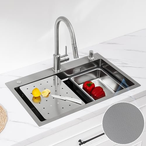 CECIPA Evier Cuisine 1 Bac 70x45 CM, Evier Inox avec Egouttoir et évier mobile et planche à découper,lavabo cuisine avecavec Trous pour Robinets et Distributeur de Savon, pour Meubles Bas de 80 cm