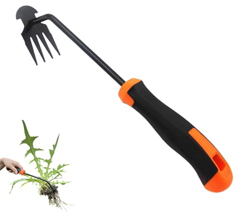 KOOBURS Hand Weeding Tool, Uprooting Weeder Tool Portable Garden Weed Remover with Handle, 4 Teeth Stainless Steel Weed Puller for Garden Backyard Farm Planting & Weeding (Rubber Handle)