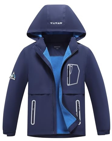 BuyiRen Boys Girls Windbreakers Jacket Rain Jackets Hooded Raincoat Fleece Lined Rain Coats for Kids, Navy, 12-13 Years