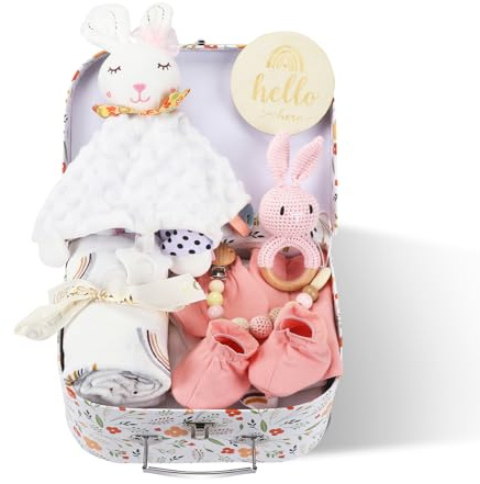 Torte Couches Cadeau Bébé 10 Pièces - Windeltorte Coffret Nouveau-né avec Lapin Peluche et Hochet Tissé Main - Cadeau Naissance Complet dans Boîte Cadeau pour Fille Garçon