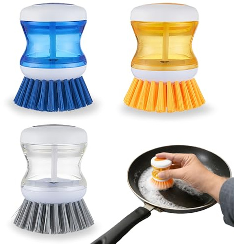 Soap Dispensing Palm Brush, 2 in 1 Multifunctional Washing up Brush with Liquid Dispenser for Dishes Pot Pan Sink Cleaning (Grey, Bule, Orange)