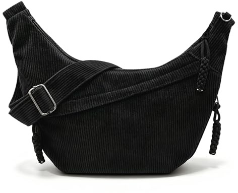 VOESLD Sac à Bandoulière Femme en Velours Côtelé Sac Demi-Lune(Noir)