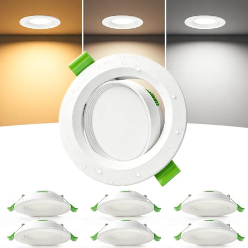 Laiebri LED Einbaustrahler 230V 5W, 45° schwenkbar, 3CCT 2700K/4000K/6000K, 23 mm Ultra Flach, IP44 LED Spots für Ø68–80 mm Lochmaß, LED Einbauleuchten für Badezimmer, Wohnzimmer & Küche, Weiß 6er Set