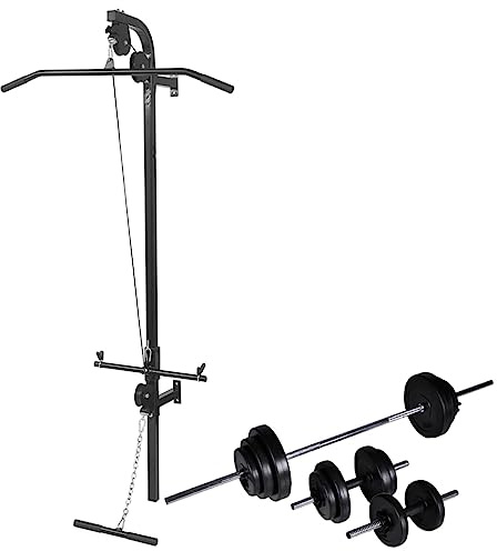 LoogCape Power Station Wall Mounted with Barbell Dumbbell Set 30.5 kg for Home Fitness Strength Training Muscle Building and Bodybuilding, Sturdy Fitness Equipment with Cable Pull, Weight Plates