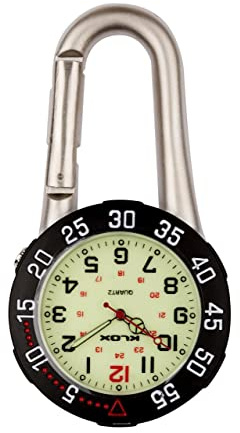 Klox Unisexe Montre de poche FOB Clip en argent sur le mousqueton Lunette tournante noire Visage lumineux pour les infirmières et infirmiers auxiliaires médicaux Chef du mouvement à quartz K-FOB