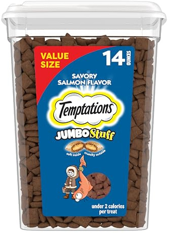 Temptations Jumbo Stuffed Cat Treats, Crunchy and Soft Cat Treats, Savory Salmon Flavor, 14 oz. Tub