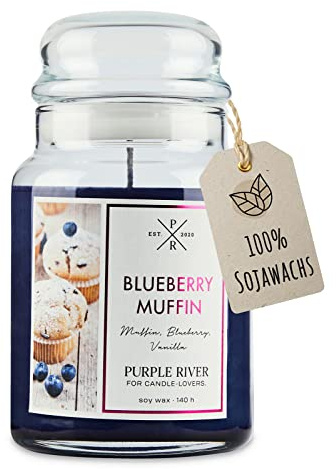 Purple River Große Duftkerze im Glas mit Deckel | Blueberry Muffin | Duftkerze Süß | Kerzen lange Brenndauer | Sojawachskerze | Raumduft für Zuhause