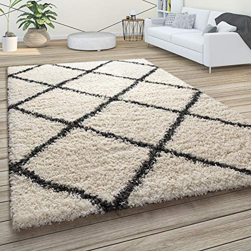 Paco Home Hochflor Teppich Wohnzimmer Schlafzimmer Shaggy Skandinavisch Rautenmuster, Grösse:120x170 cm, Farbe:Creme