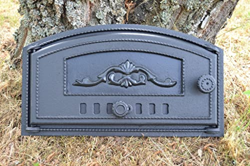 SEZAM Puerta de horno de hierro fundido con regulación de aire, apertura a la izquierda, puerta para horno de pizza, horno de pan, puerta de horno de piedra, 48,5 x 6,5 x 27,5 cm, semicircular, color